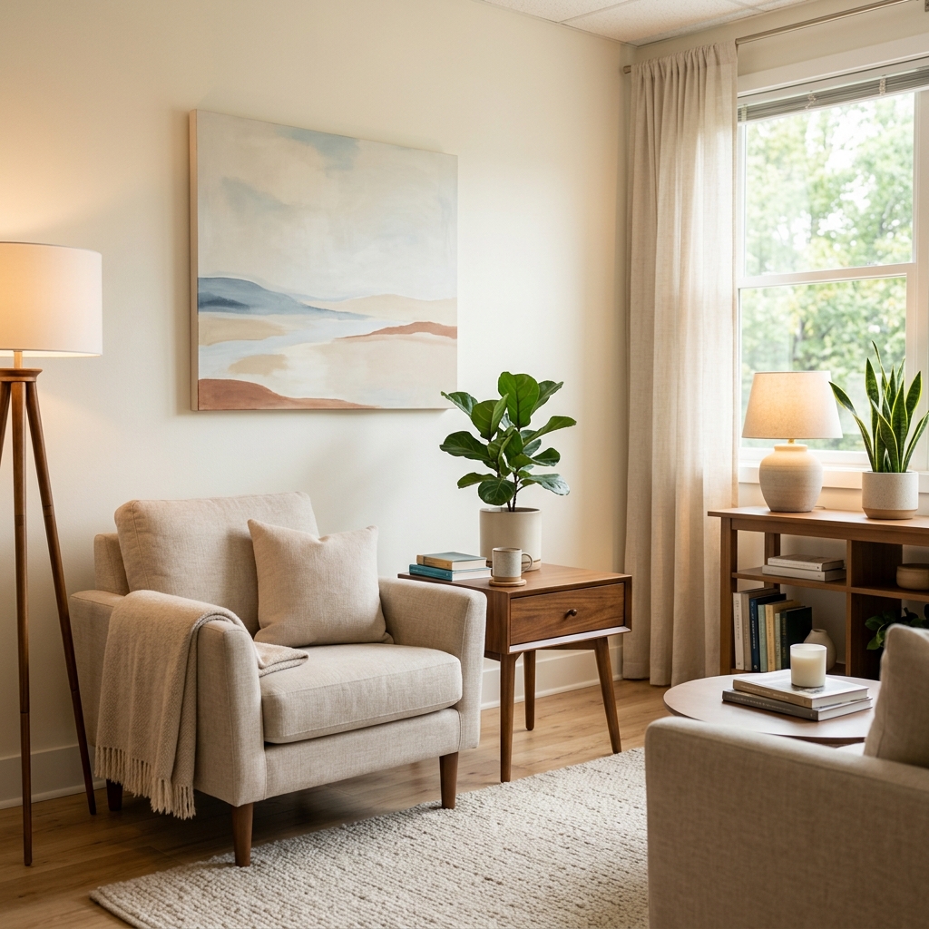 A warm, welcoming, and safe modern therapy office space
